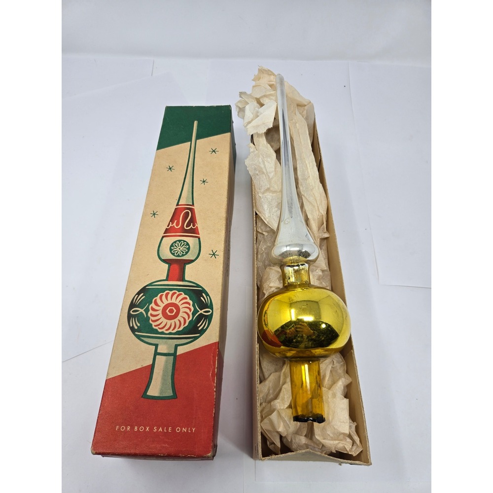 Vintage Shiny Brite Glass Christmas Tree Topper Gold Silver Mercury Spire Box